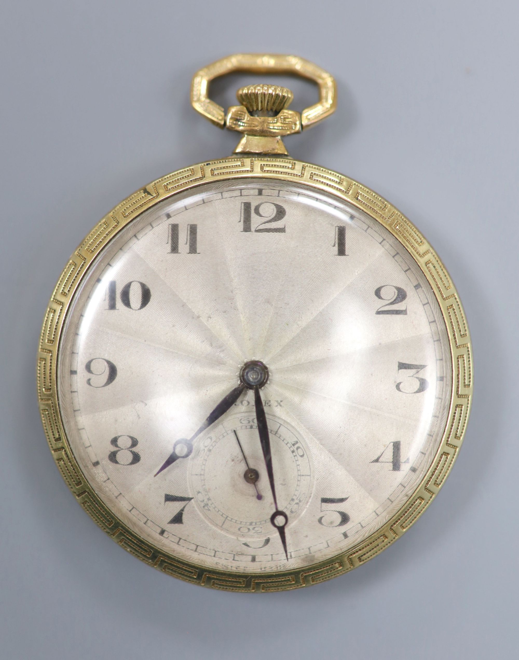 An early to mid 20th century gold filled Rolex keyless dress pocket watch, with Greek Key border, case diameter 44mm.